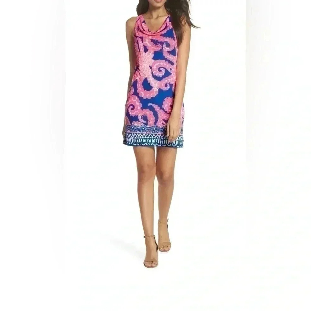 Lilly Pulitzer Kyra Ikat Blue Mocean Engineered Silk Jersey Dress Size Small